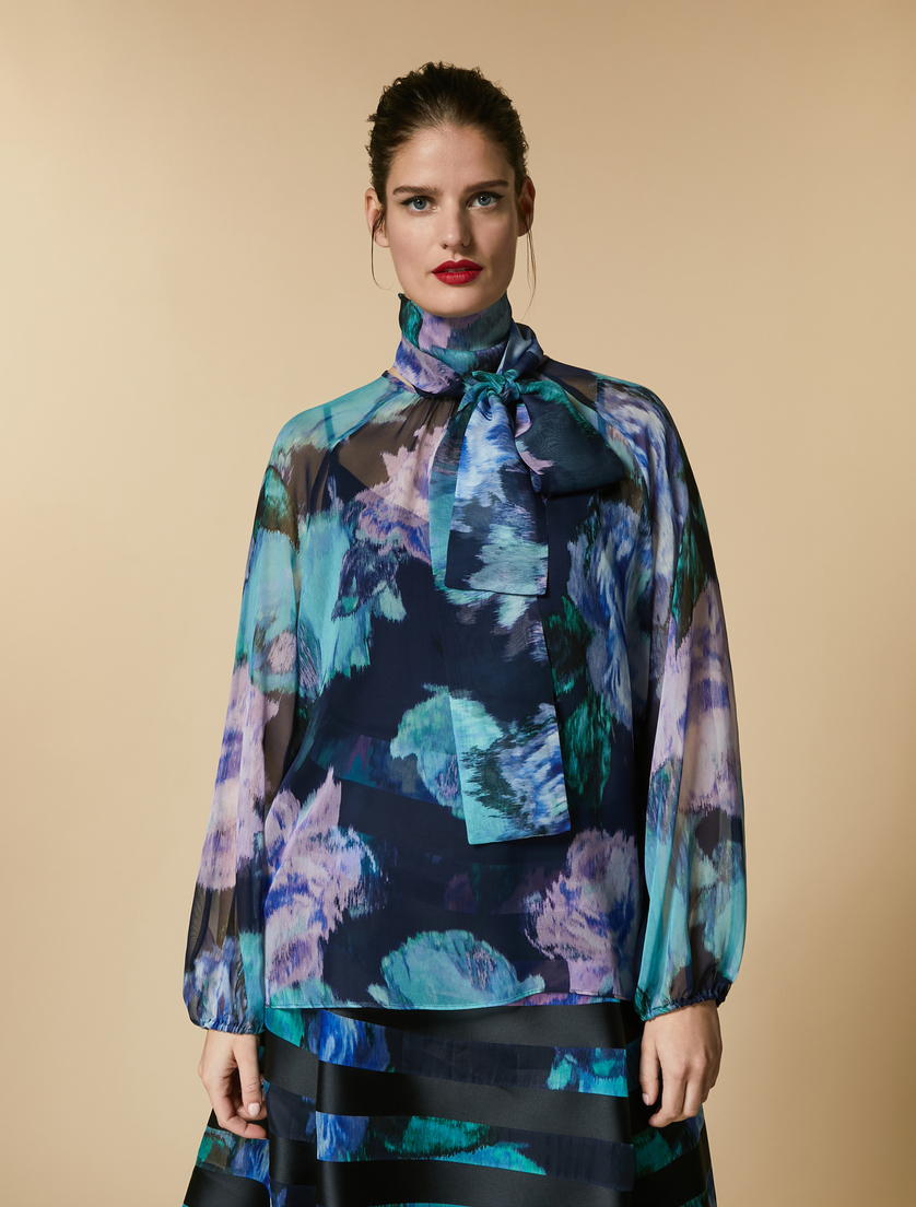 Blusa in georgette di seta - Blu marino - Marina Rinaldi