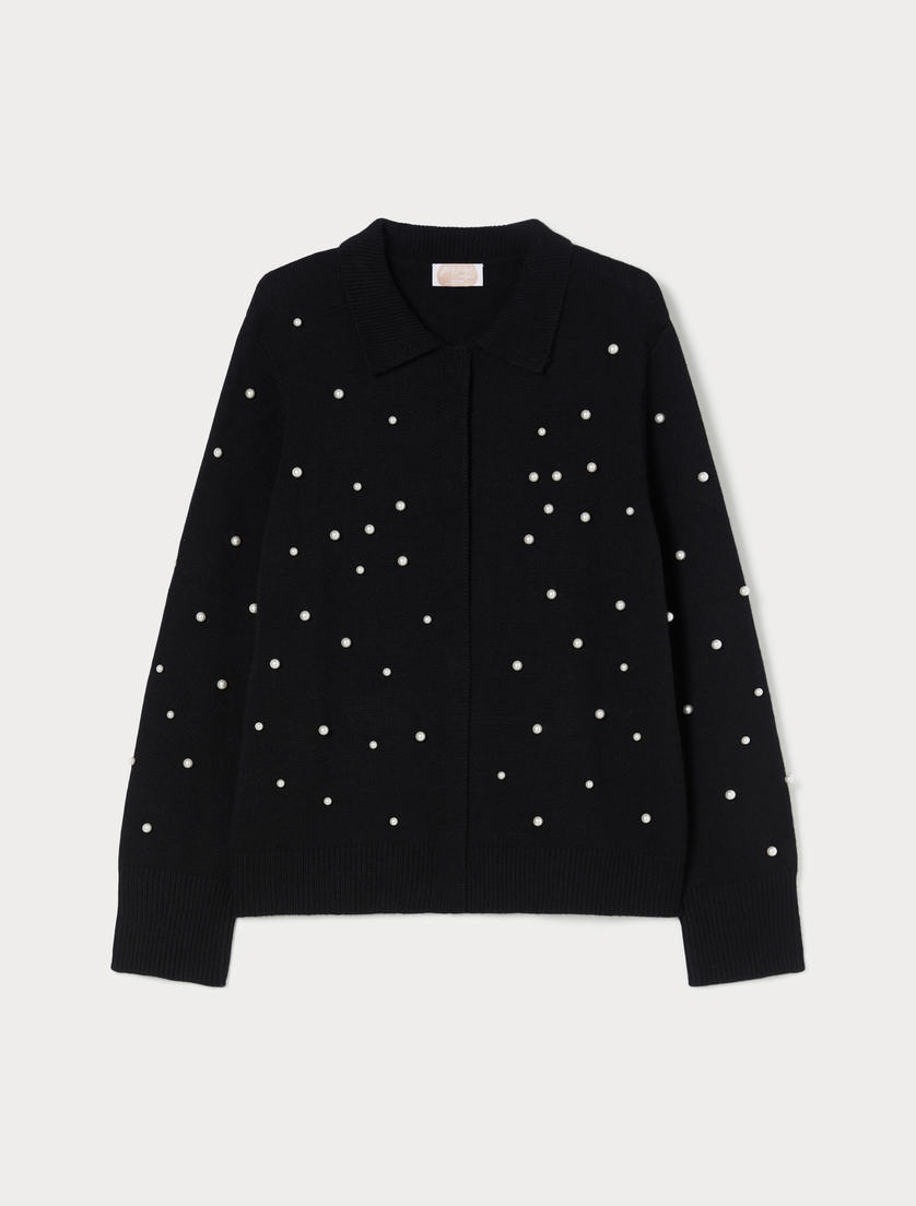 Wool blend cardigan with pearls - BLACK - Marina Rinaldi Wool blend cardigan with pearls - BLACK - Marina Rinaldi