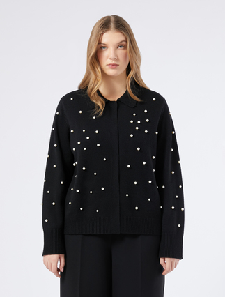 Wool blend cardigan with pearls - BLACK