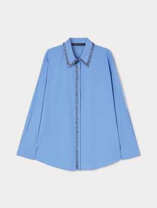 Hemdbluse aus Popeline mit Stickerei - AZURBLAU