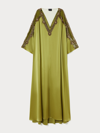 Satin caftan dress with embroidery - OLIVE GREEN