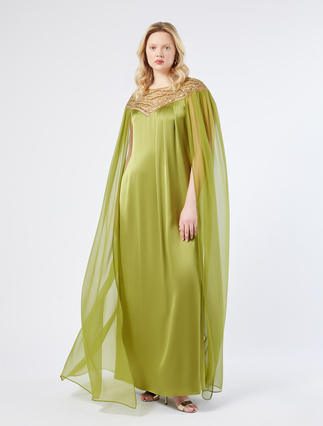 Satin and chiffon dress with embroidery - OLIVE GREEN