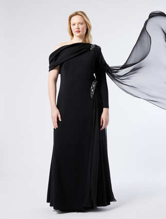 One-shoulder dress in chiffon and cady - BLACK