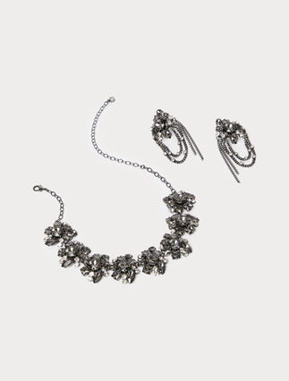 Rhinestone-adorned choker and earrings - BLACK