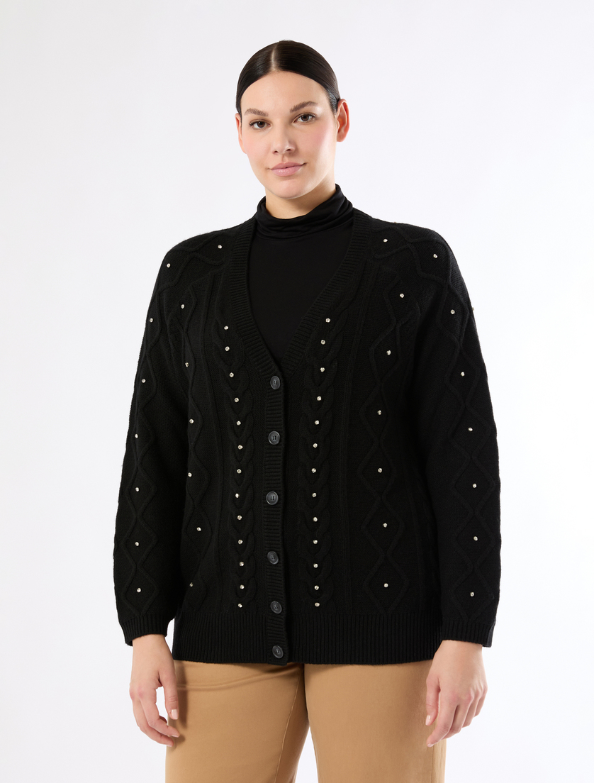 Wool blend cardigan with rhinestones - BLACK - Marina Rinaldi - 3