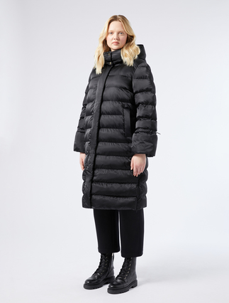 Long padded jacket in water-repellent satin - BLACK