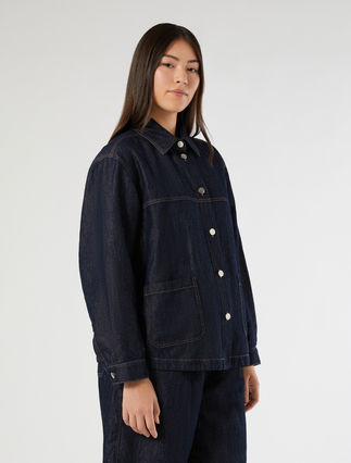 Linen and cotton denim plain-weave jacket - NAVY