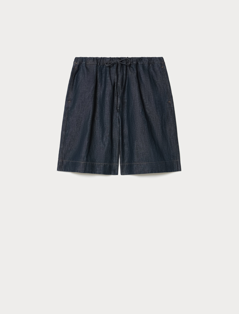 Cotton and linen plain-weave denim Bermuda shorts - NAVY - Marina Rinaldi