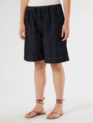 Cotton and linen plain-weave denim Bermuda shorts - NAVY
