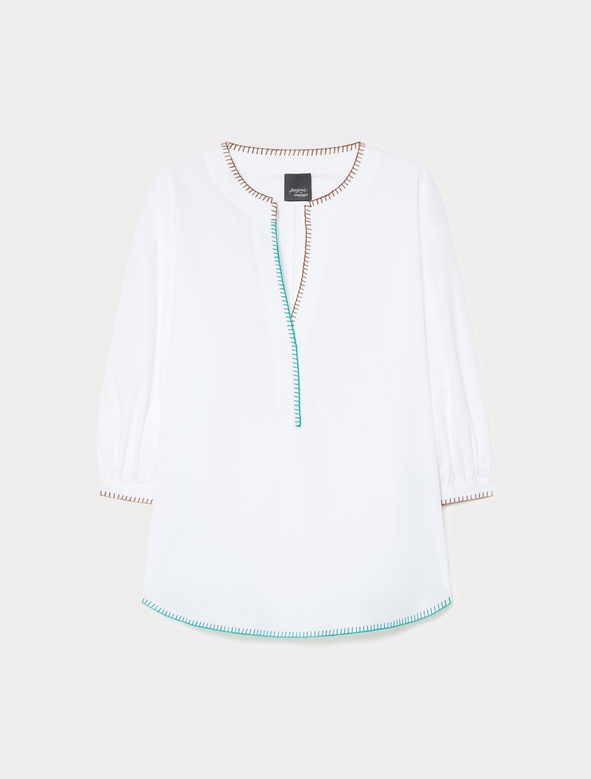 Bluzka z popeliny bawełnianej z haftami - OPTYCZNY BIAŁY - Marina Rinaldi