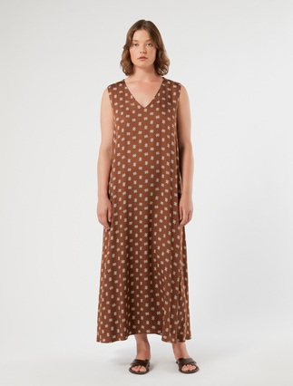 Printed viscose satin dress - BROWN