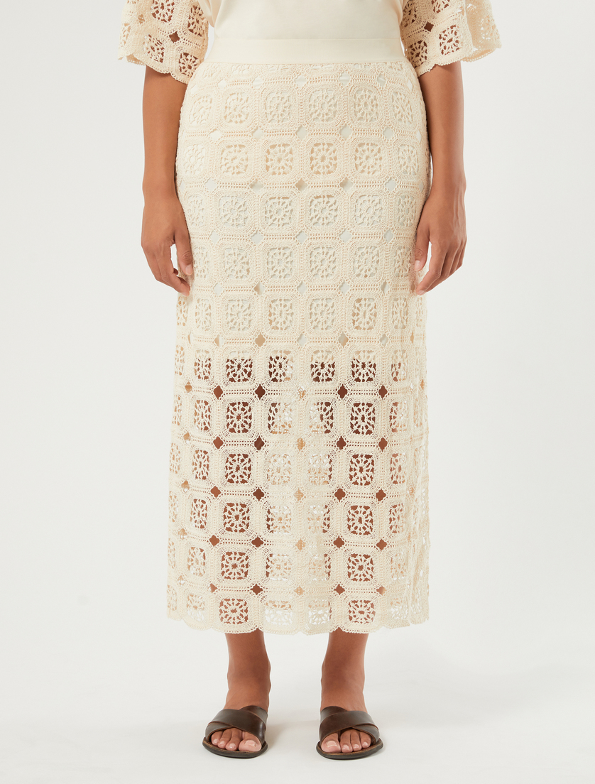 Crochet-knit cotton pencil skirt - ECRU - Marina Rinaldi - 3