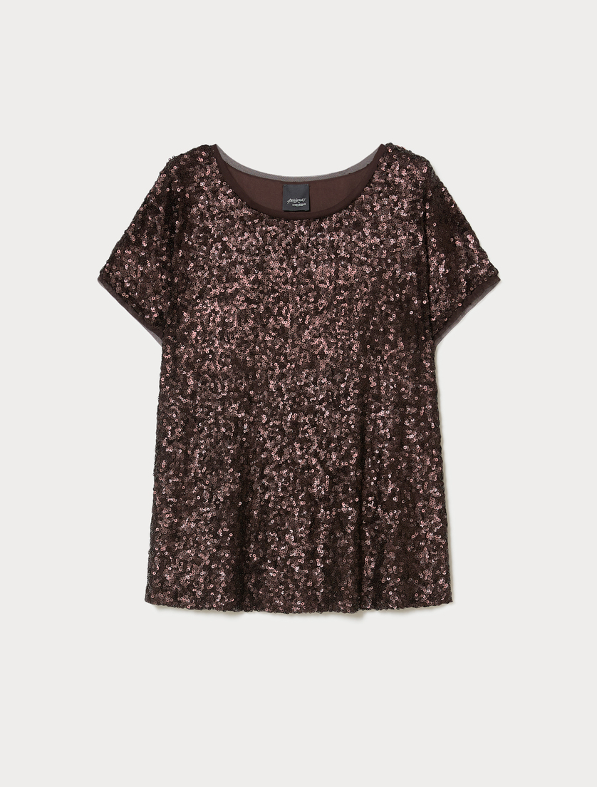 T-shirt in rete con paillettes - CACAO - Marina Rinaldi