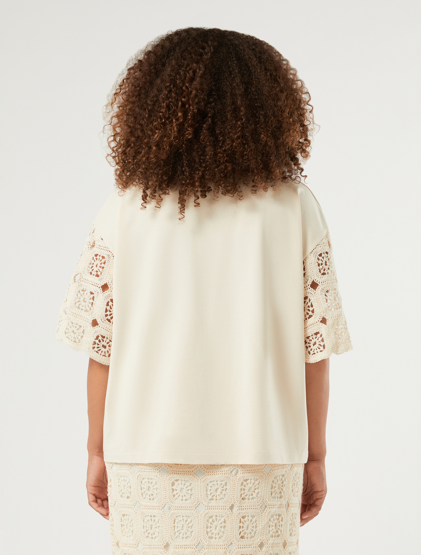 Cotton jersey and crochet-knit T-shirt - ECRU - Marina Rinaldi - 4