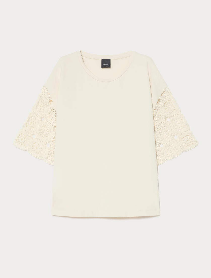 Cotton jersey and crochet-knit T-shirt - ECRU - Marina Rinaldi
