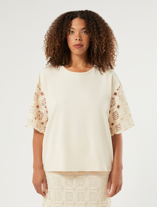 Cotton jersey and crochet-knit T-shirt - ECRU