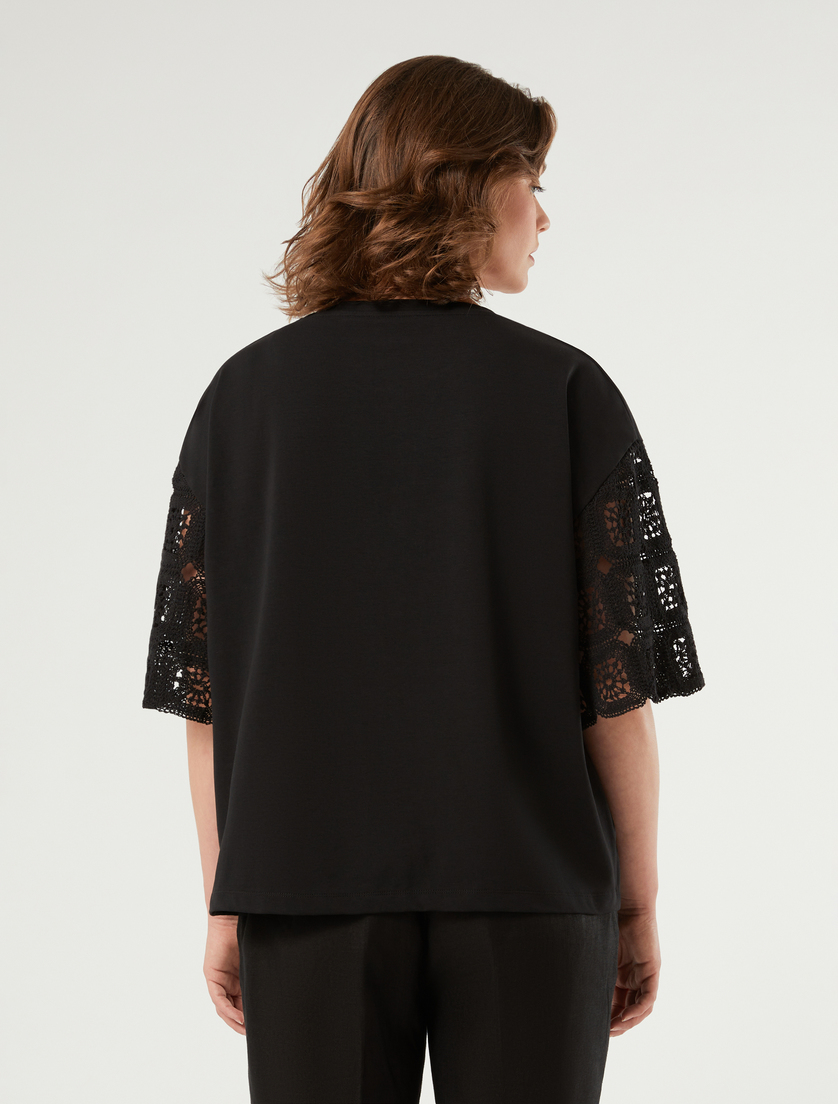 Cotton jersey and crochet-knit T-shirt - BLACK - Marina Rinaldi - 4