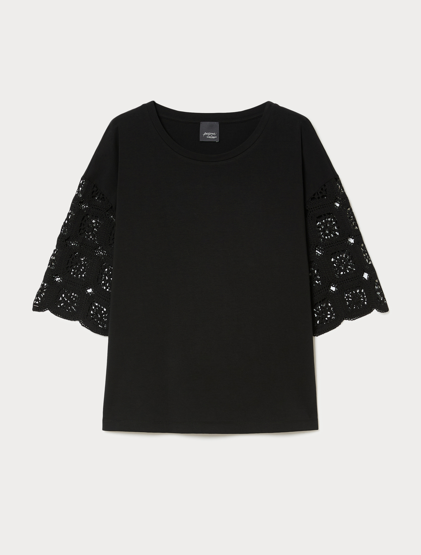 Cotton jersey and crochet-knit T-shirt - BLACK - Marina Rinaldi