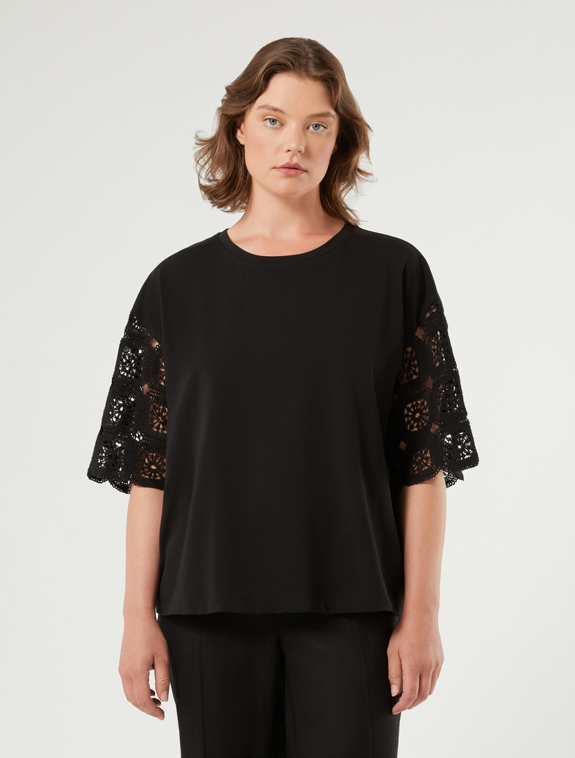 Cotton jersey and crochet-knit T-shirt - BLACK - Marina Rinaldi - 3