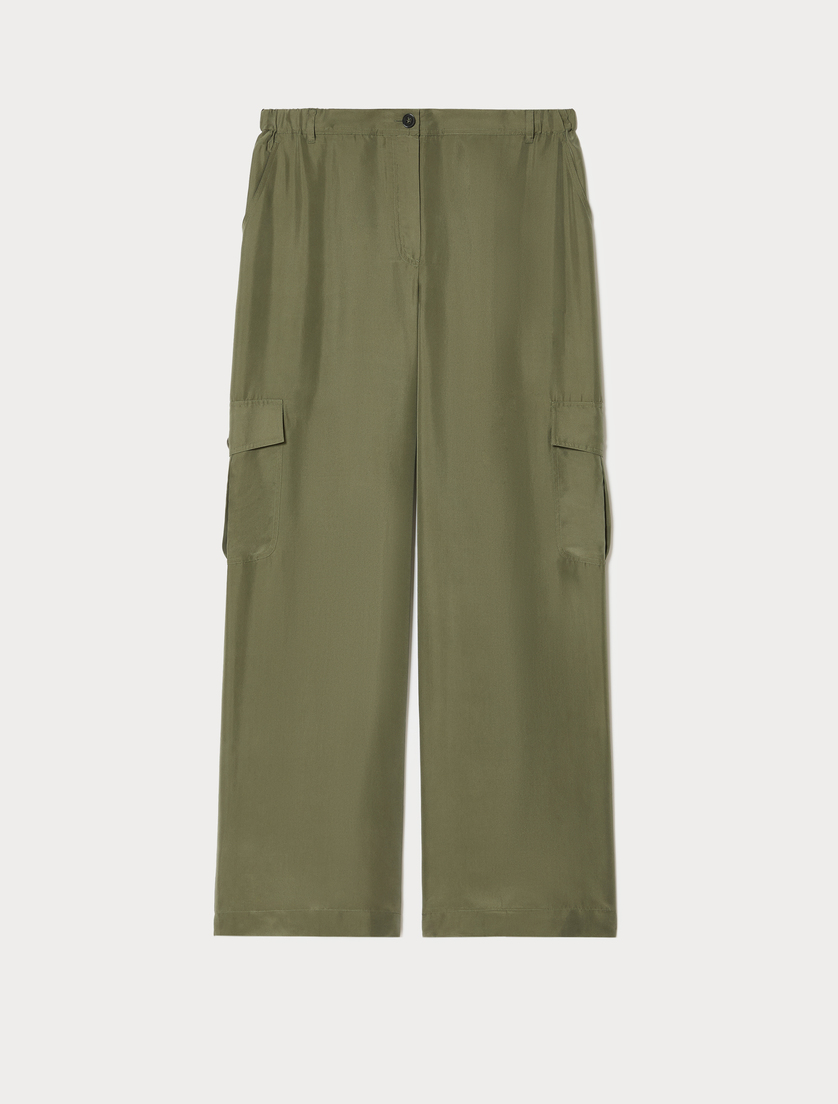 Pantaloni cargo in habotai di seta - OLIWKOWY ZIELONY - Marina Rinaldi