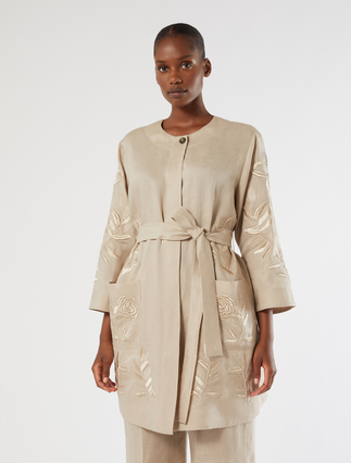 Embroidered linen canvas tunic - BEIGE