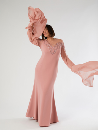 Embroidered cady and tulle dress - ANTIQUE ROSE