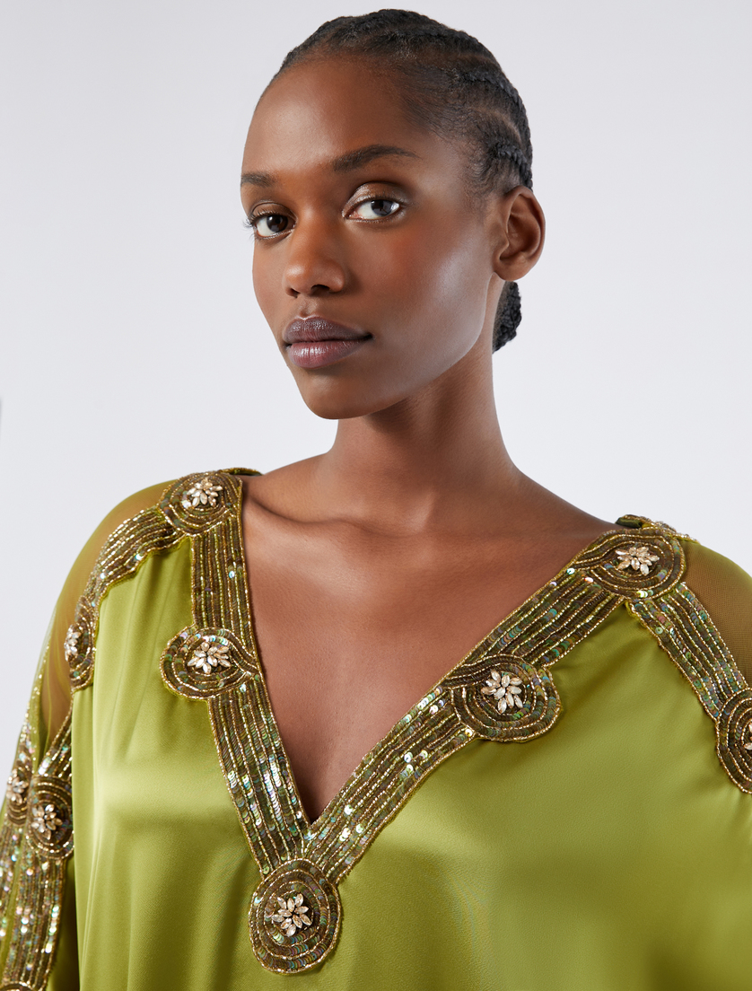 Satin caftan dress with embroidery - OLIVE GREEN - Marina Rinaldi - 5