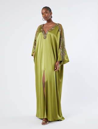 Satin caftan dress with embroidery - OLIVE GREEN