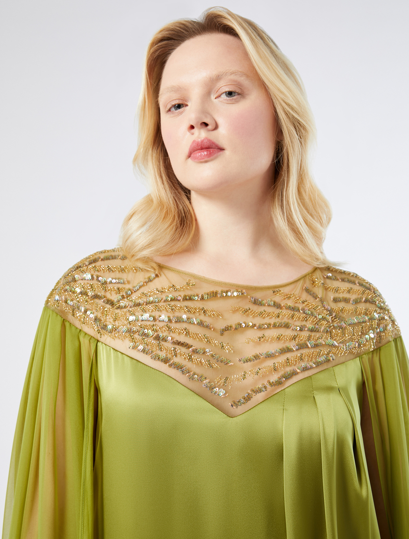 Satin and chiffon dress with embroidery - OLIVE GREEN - Marina Rinaldi - 5