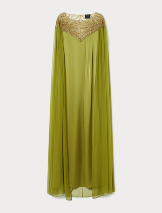 Satin and chiffon dress with embroidery - OLIVE GREEN