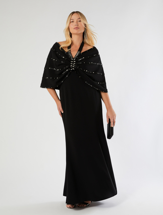 Embroidered cady dress and cape - BLACK