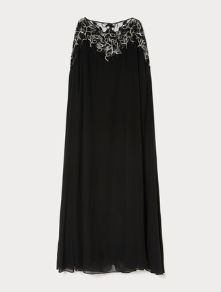 Pure silk georgette cape dress - BLACK