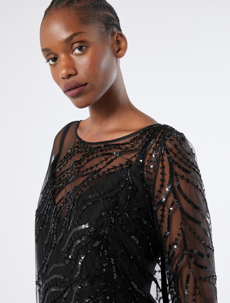 Tulle dress with embroidery, black | Marina Rinaldi