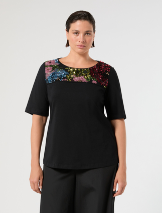 Embroidered jersey T-shirt - BLACK - Marina Rinaldi - 3