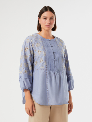 Chambray cotton shirt with embroidery - LIGHT BLUE
