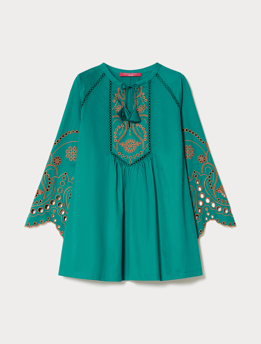 Camisola de satén de algodón con bordado - VERDE - Marina Rinaldi