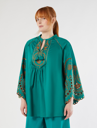 Embroidered cotton satin tunic - GREEN