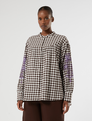 Koszula z delikatnej bawełnianej popeliny Vichy z haftem - CZEKOLADOWY