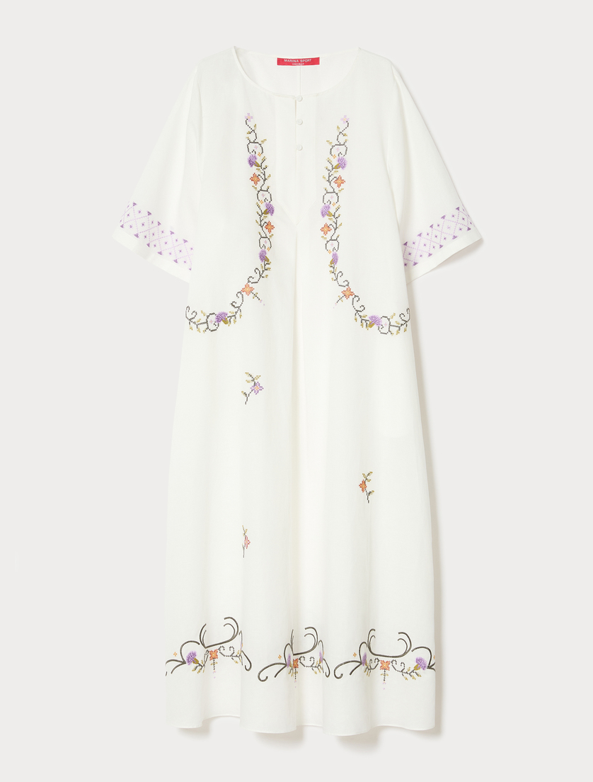 Plain-weave cotton and linen dress with embroidery - IVORY - Marina Rinaldi