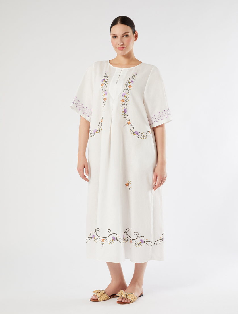 Plain-weave cotton and linen dress with embroidery - IVORY - Marina Rinaldi - 3