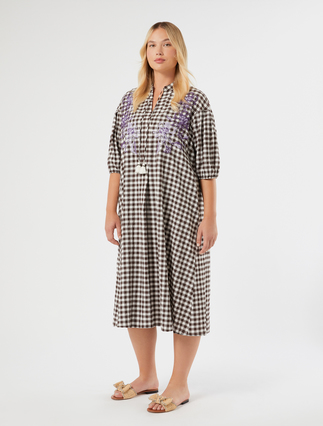Gingham poplin dress with embroidery - CHOCOLATE