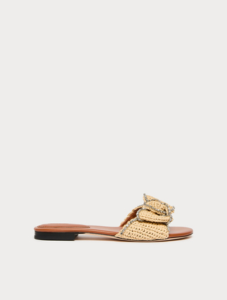 Rhinestone-adorned raffia slide sandals - TOBACCO