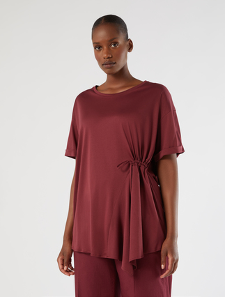 Jersey T-shirt with gathering - WINE-COLOURED