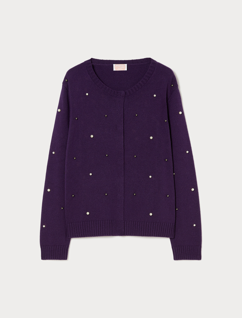 Embroidered wool and cashmere cardigan - DARK VIOLET - Marina Rinaldi