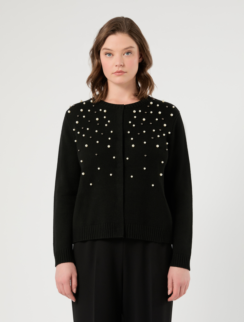 Embroidered wool and cashmere cardigan - BLACK - Marina Rinaldi - 3