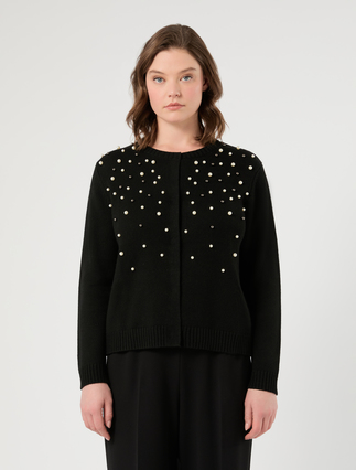 Embroidered wool and cashmere cardigan - BLACK - Marina Rinaldi - 3