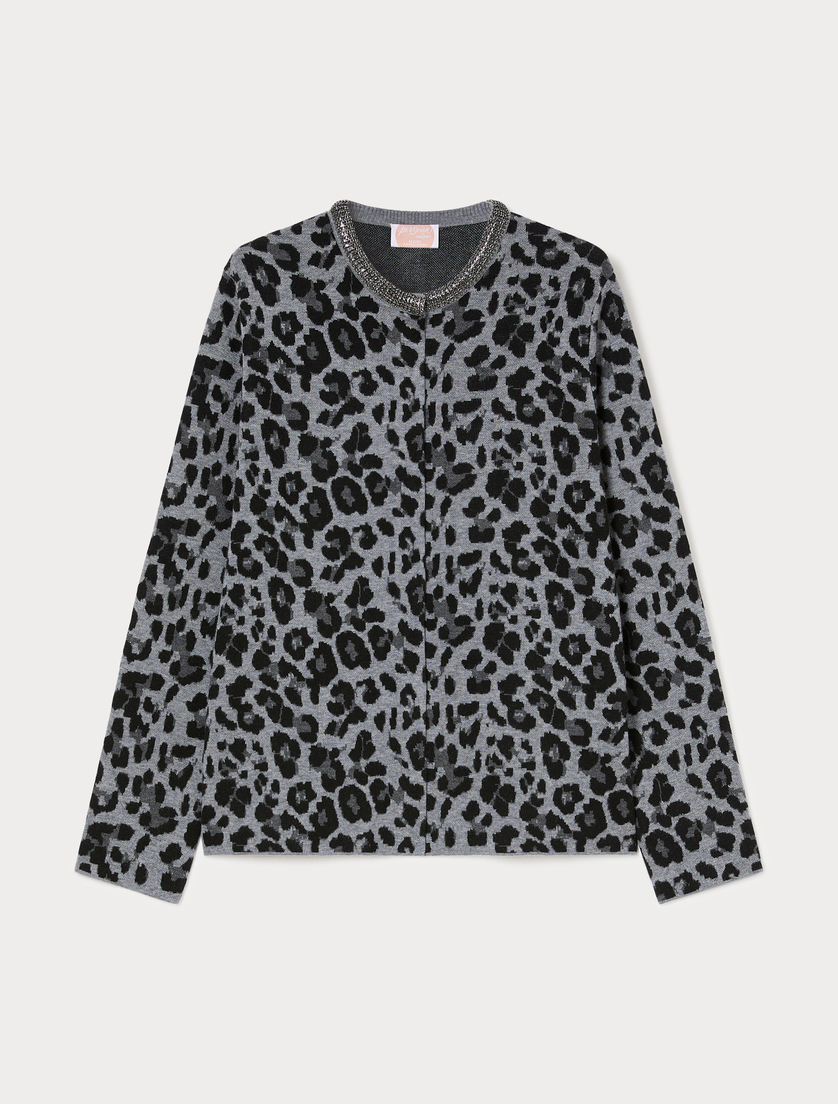 Jacquard wool-blend cardigan - MEDIUM GREY - Marina Rinaldi