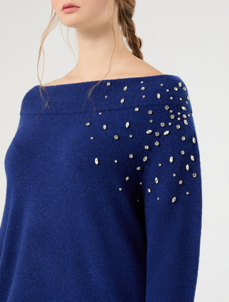 Wool and alpaca sweater with rhinestone detail - CORNFLOWER BLUE - Marina Rinaldi - 5