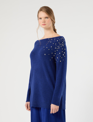 Wool and alpaca sweater with rhinestone detail - CORNFLOWER BLUE - Marina Rinaldi - 3