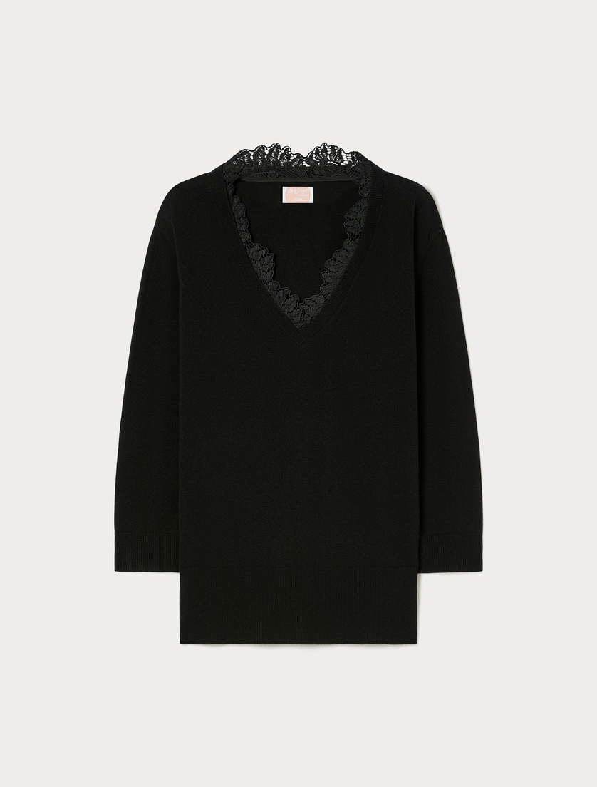 Pullover aus Wolle mit Spitze - SCHWARZ - Marina Rinaldi